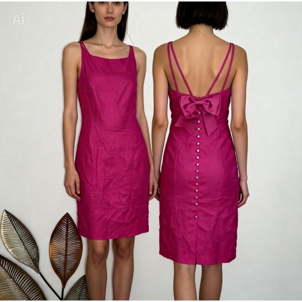 Donna Morgan Hot Pink Linen Sheath Dress Bow Back Embroidered Swirl Size 6